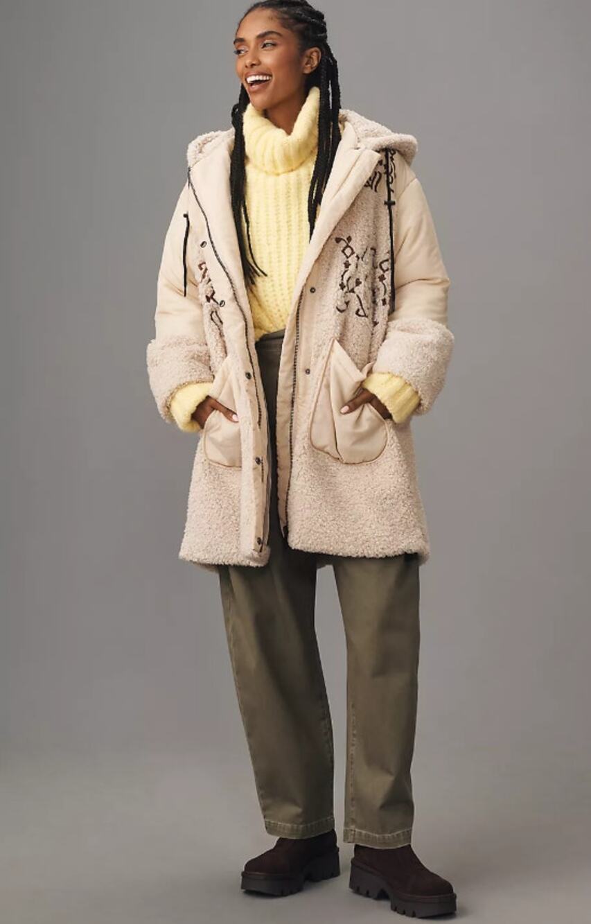 NWT Anthropologie Pilcro Embroidered Hooded Sherpa Coat - Large